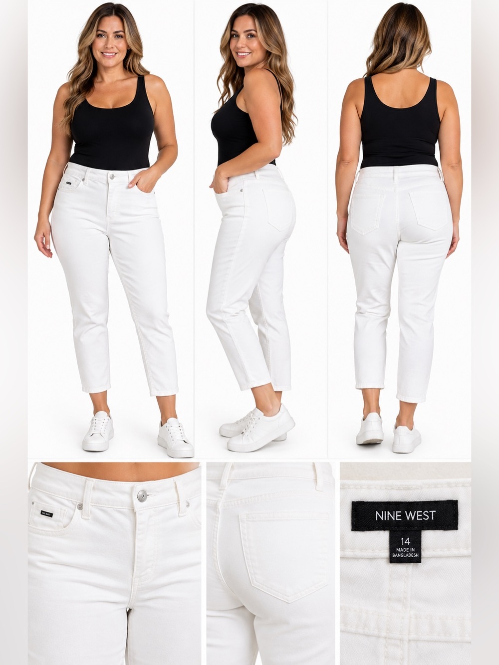 Nine West Gramercy Crop Jeans Woman’s New, White Mid Rise Pants, Size 14 NWT
